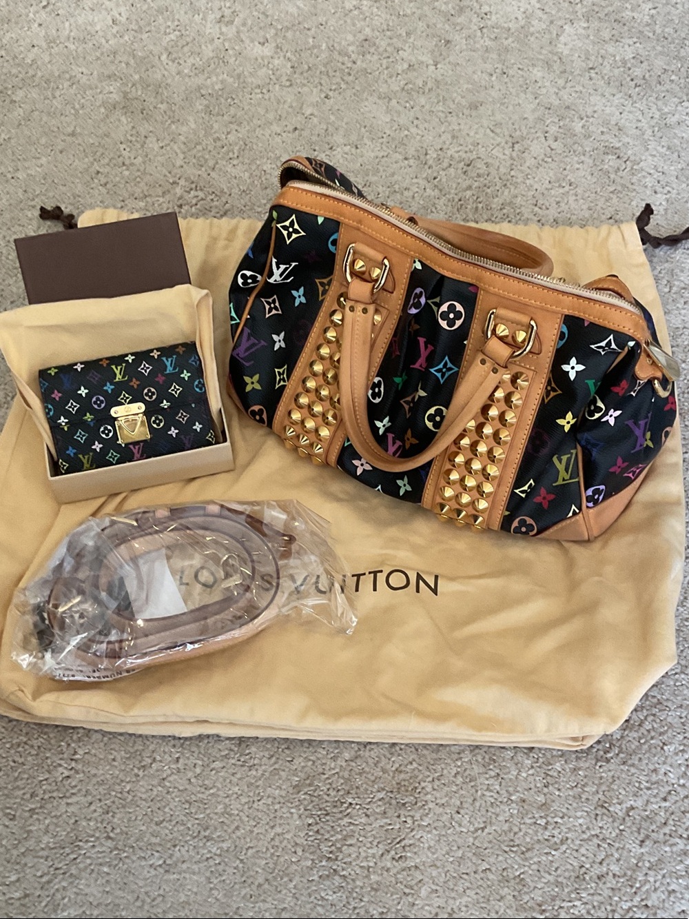 Louis Vuitton Black Murakami Monogramr Studded Courtney Satchel and wallet